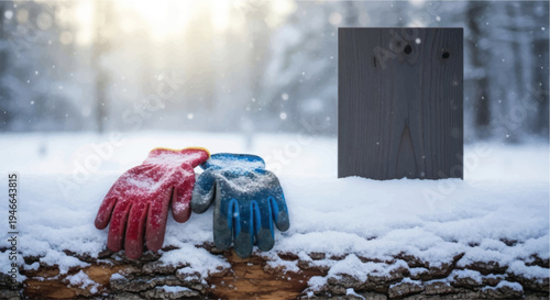 A pair of colorful gloves and a mug in the snow during a winter storm