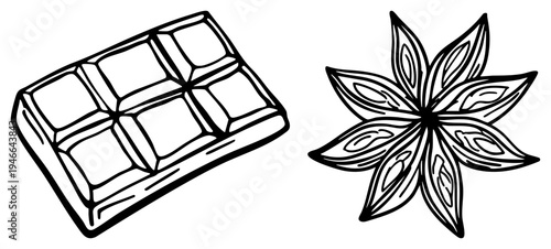 Black illustration of chocolate bar with segmented squares and star anise spice, both rendered in minimalist vector style, ideal for culinary or aromatic design projects.