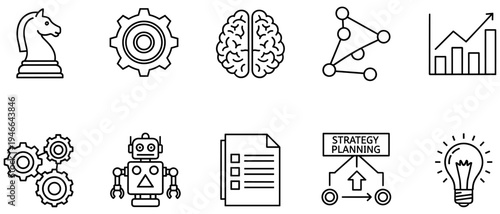 Business strategy and innovation icons set with chess piece, gears, brain, network, analytics, automation, checklist, planning, and light bulb