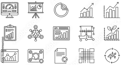Data analytics and business intelligence icons set with dashboards, charts, KPI, neural networks, growth, performance metrics, and visualization tools