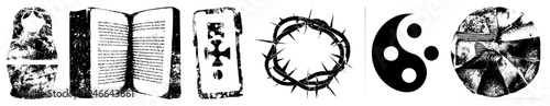 Religious emblems including crown of, yin yang,, book, matryoshka doll, and segmented disc symbolic spiritual motifs rendered in stark black and white vector style.