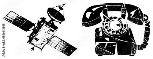 Retro rotary telephone with dial, space satellite with solar panels, communication technology, analog vs digital, sci fi concept, black and white vector art.