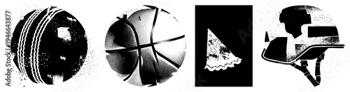 Cricket ball, basketball, pizza slice, military helmet bold halftone vector, stylized sports and food items, graphic design elements.