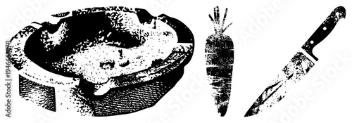 Rustic halftone illustration of carrot, chef’s knife, and soup bowl, distressed texture, food prep, kitchen tools, culinary symbols.