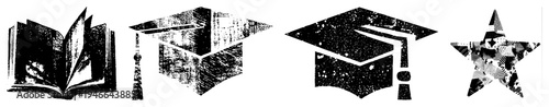 Black and white halftone illustrations of graduation cap, open book, and star with distressed texture. Academic, education symbols, scholarly motifs, vector graphics.