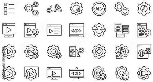 Black and white line icons illustrating software development, automation, coding, configuration, synchronization, DevOps workflows, and system administration concepts