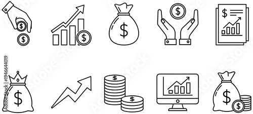 Black and white financial icons illustrating money, investment, savings, economic growth, wealth accumulation, financial analysis, and business success concepts