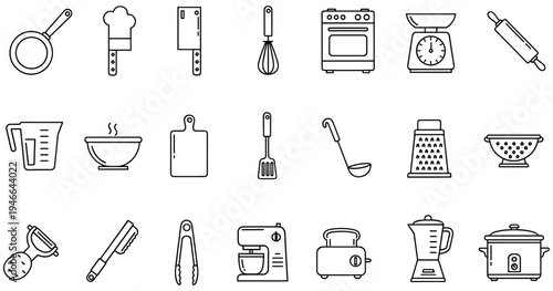 Black and white kitchen icons illustrating cooking utensils, appliances, food preparation tools, culinary equipment, and household kitchen organization concepts