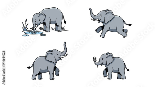 Cartoon Elephants Set: Cute Vector Illustrations of Elephants Drinking, Running, Standing, and Holding a Flower