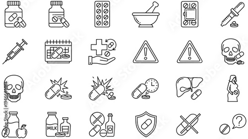 Black and White Medical Pharmaceutical Line Icons Set Featuring Pills, Syringe, Mortar, Cross Shield, Danger Symbols, Healthcare Safety, and Medicine Tools