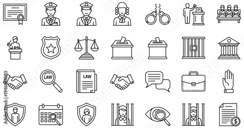 Legal System and Law Enforcement Icon Set Featuring Judge Police Officer Handcuffs Courtroom Jury Scales of Justice Voting Prison and Government Authority Graphics