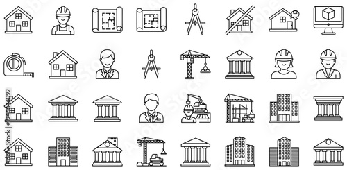 Black and White Architecture Construction Engineering Line Icons Set Featuring Buildings, Blueprints, Drafting Tools, Cranes, Columns, Domes, and CAD Screens