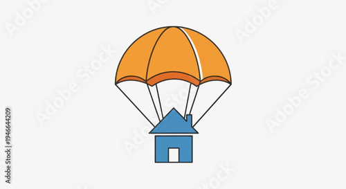 Blue House with Orange Parachute Illustration.