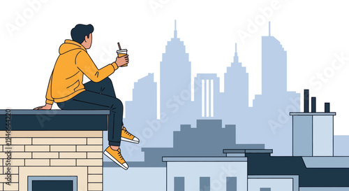 Man Sitting on Rooftop Using Mobile Phone.