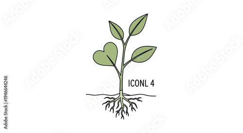 Simple Line Drawing of Young Seedling Plant.