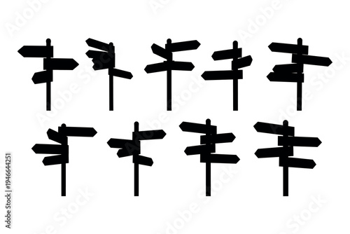 A collection of eight black directional signs on white background