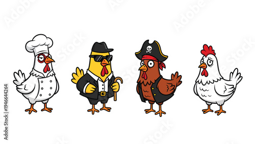 Funny Cartoon Chickens in Diverse Costumes: Chef, Gangster, Pirate, and Regular Hen Character Set