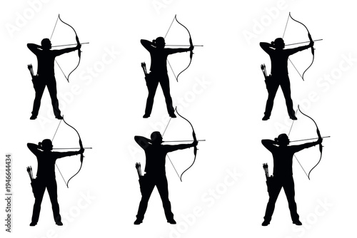 Six archers in various shooting positions in black silhouette against a white background
