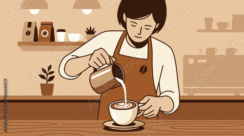 Skilled Barista Pouring Milk for Latte Art Illustration. Professional Coffee Preparation at a Cafe Counter. Beverage Crafting.