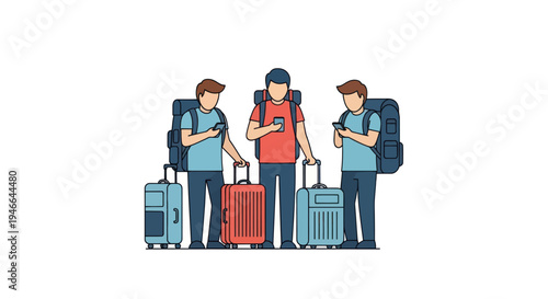 Three Travelers with Luggage and Backpacks Standing.