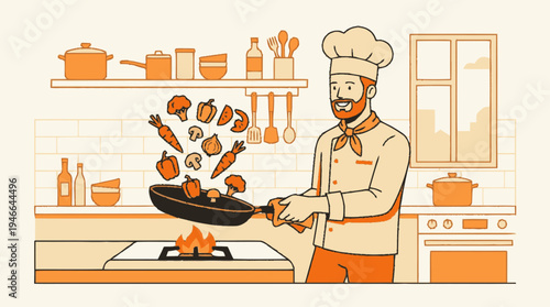 Smiling male chef in uniform cooking fresh vegetables, tossing them in a hot frying pan over a stove flame in a modern kitchen. Vector illustration.