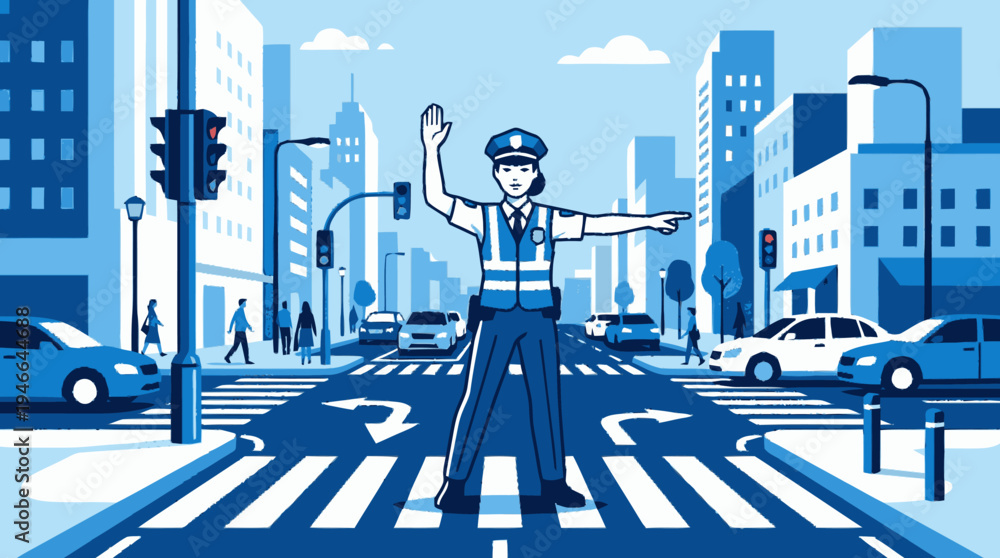 Obraz premium Female traffic police officer directing vehicles and pedestrians at a busy city intersection. Urban street control with modern buildings and traffic signals.