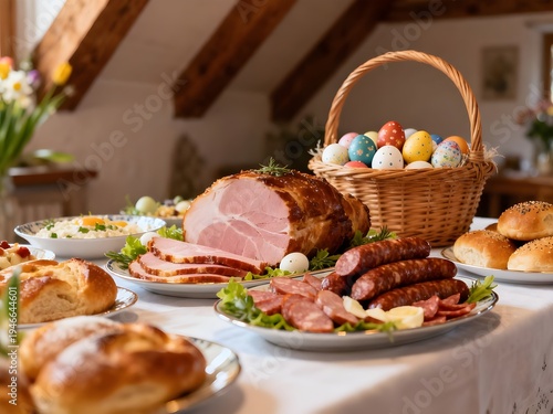 Traditional Carinthian Easter meal with ham, sausages, bread and colorful eggs on a festive table. Authentic Austrian Easter food prepared for the traditional blessing of food.