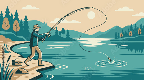Angler Fishing by a Serene Lake in Mountain Landscape. Man Enjoying Outdoor Leisure Hobby in Nature with Fishing Rod