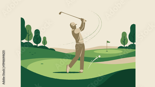 Dynamic vector illustration of a golfer mid-swing, hitting the ball on a vibrant green golf course with trees and a flag.