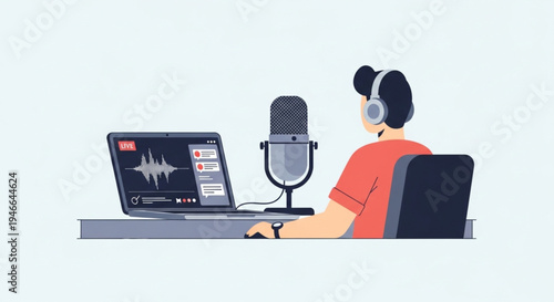 Modern Podcast Studio Illustration with Male Host Headphones and Laptop – Audio Recording Concept Vector