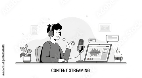 Digital Podcast Production Scene with Man Talking into Microphone – Content Creator Lifestyle Vector