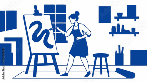 Creative woman artist painting on easel in studio, expressing hobby, artistic talent, and imagination through fine art