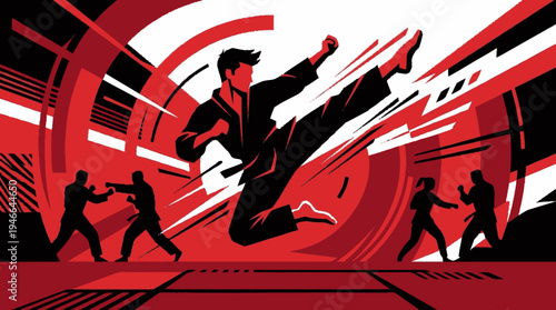 Dynamic Martial Arts Illustration with High Flying Kick. Energetic Combat Training, Self-Defense, and Discipline in Red and Black