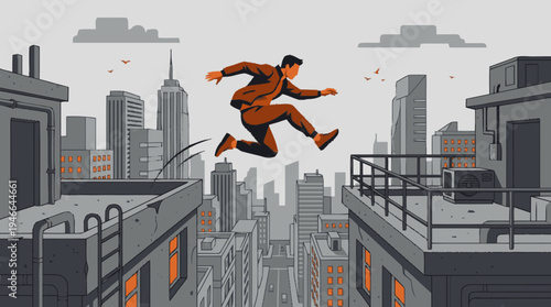 Determined man in suit jumping between city rooftops, symbolizing ambition, progress, risk, and overcoming challenges in urban environment.