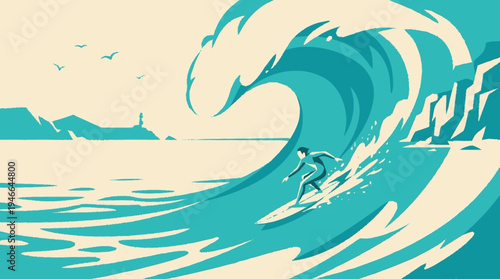 Dynamic vector illustration of a person surfing a huge ocean wave near a scenic coastline with cliffs and a lighthouse.