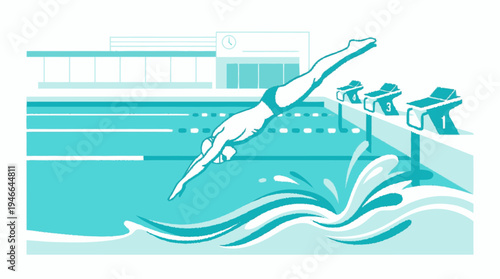 Dynamic illustration of a diver plunging into a clear swimming pool. Flat design artwork depicting a person enjoying aquatic sports and competition.