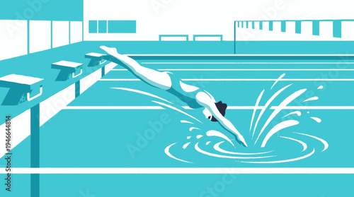 Graphic illustration of a female swimmer diving headfirst into an indoor swimming pool from a starting block, creating a splash.