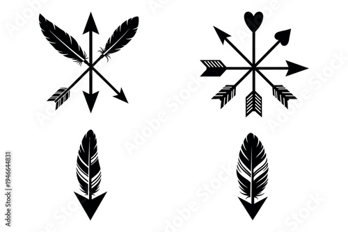 Collection of four distinct arrow and feather designs