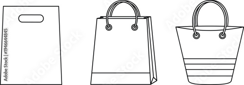 shopping, bag, set, retail, store, packaging, handbag, tote, fashion, accessory, vector, illustration, outline, shopping, bag, collection, market, sale, reusable, design
