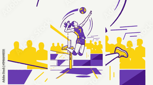 Dynamic illustration of a female volleyball player in mid-air, spiking the ball during an indoor game with spectators.