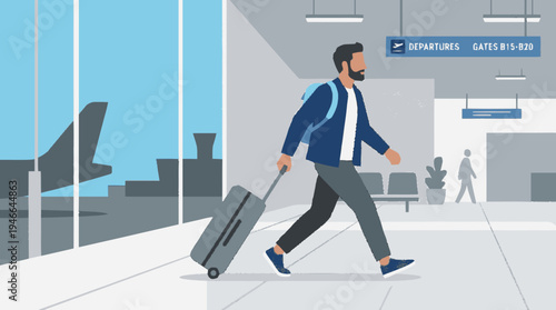 Man walking with rolling luggage and backpack in a modern airport terminal, ready for departure. Travel and journey illustration.