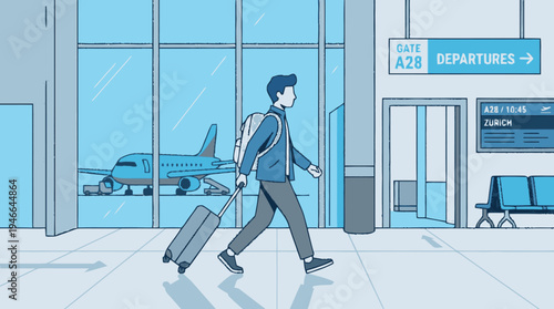 Modern Flat Design Illustration of Young Man Traveling with Luggage at Airport Terminal for Departure