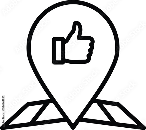 A black and white icon of a map pin with a thumbs up symbol inside