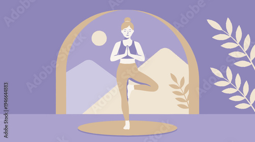 Serene woman practicing tree pose yoga. Minimalist illustration of balance, mindfulness, and wellness.