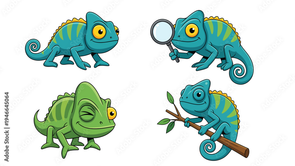 Naklejka premium Chameleon Cartoon Character Set: Cute Reptiles in Playful Poses, Blue and Green Vector Illustration