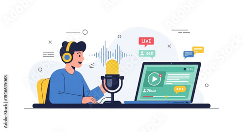Young Man Hosting Online Podcast Show with Studio Microphone and Laptop – Content Creator Workspace Vector