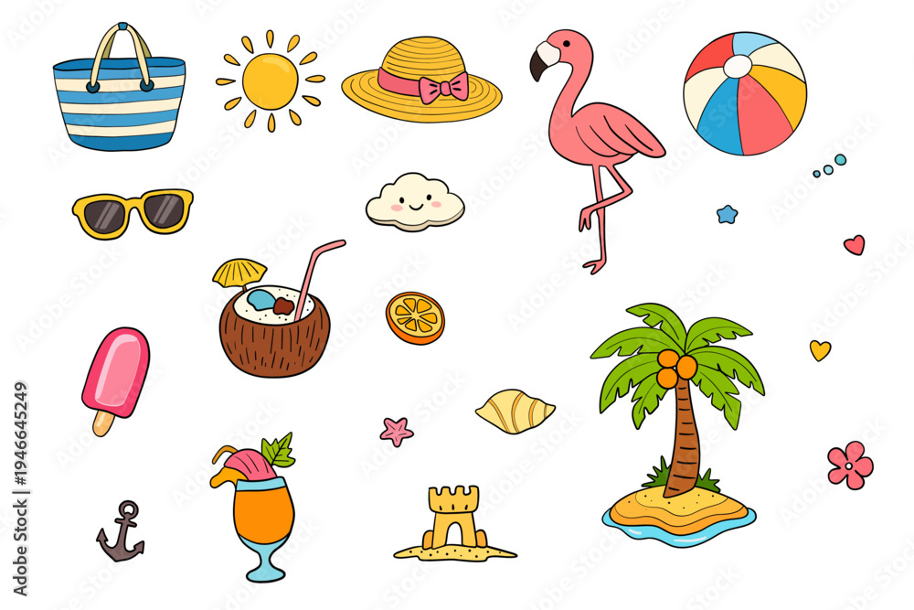 Obraz premium Cute Summer Beach Elements Collection Vector Illustration