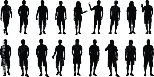 Diverse set of male fitness silhouettes in various active poses like running and jumping isolated on white background for design