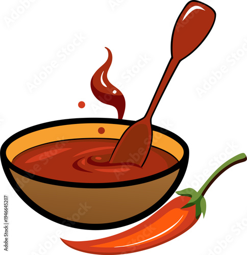 Spoon dipping into chili bowl. . white background
