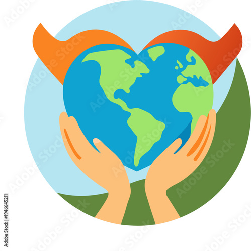 Two hands forming heart shape around earth globe, flat vector icon, clean shapes, white background, white background
